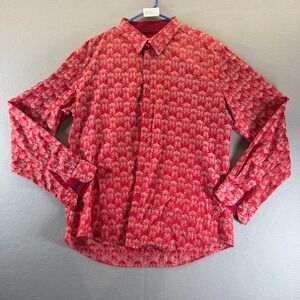 Pavini Mens Red Pink Damask‎ Print Button Down Shirt Long Sleeve Cotton Large
